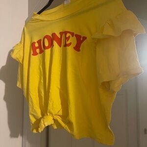 Bright Butter Yellow Graphic T-Shirt with Red 'HONEY' Print